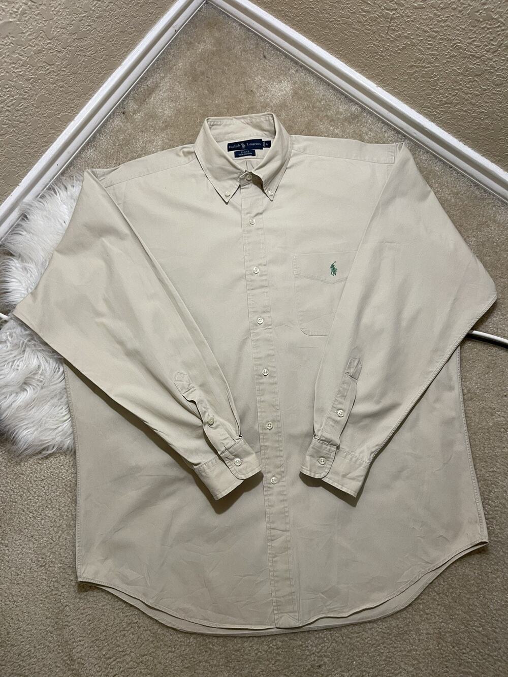 Ralph Lauren Blake Shirt XL Beige Silk Cotton Button Down Green Pony Classic Fit
